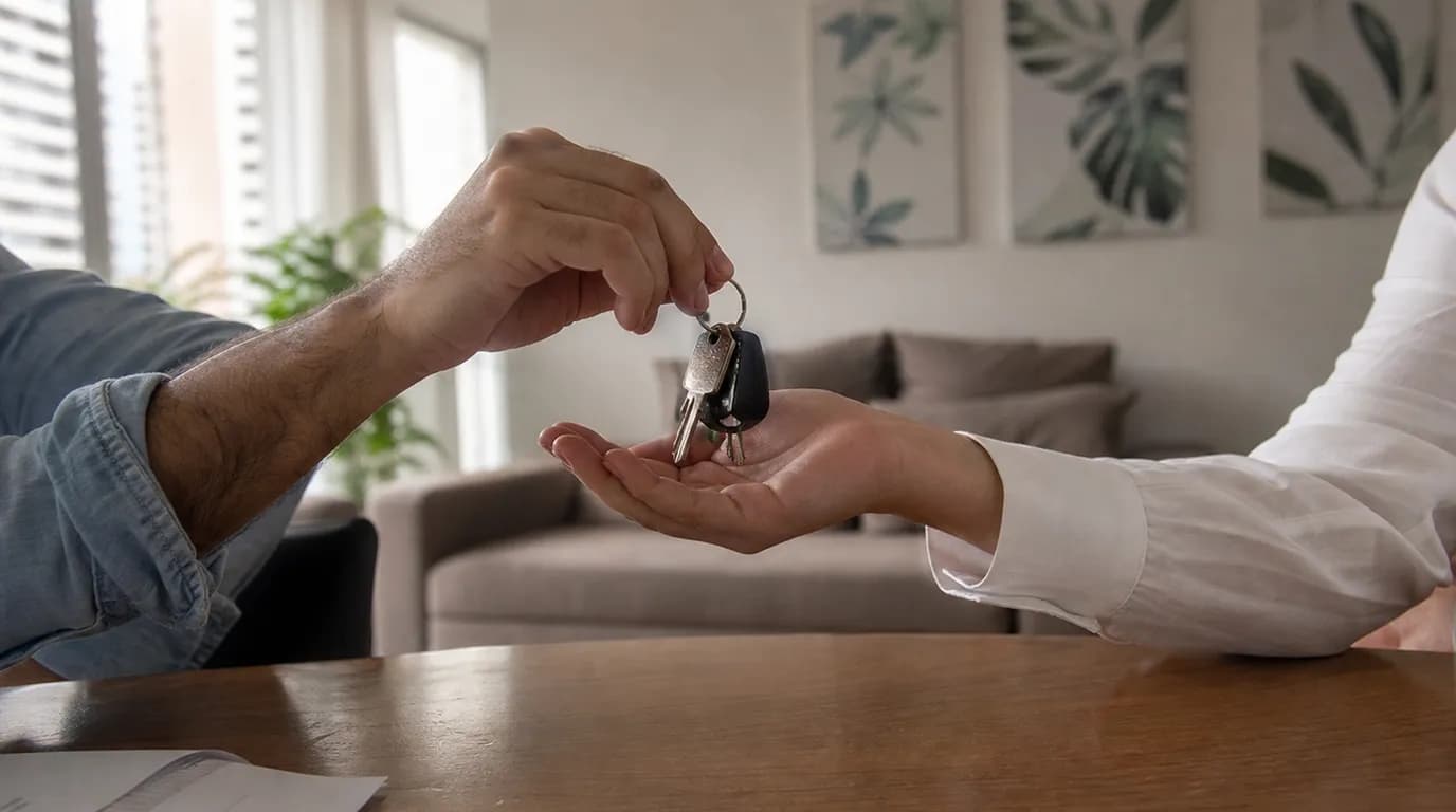 Apartment keys being handed over on the table of a bright, well-kept apartment in Venezuela, with natural light coming through the window