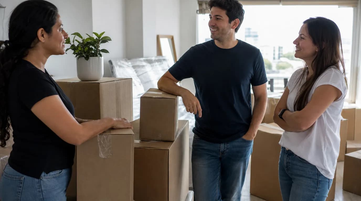 Stacked moving boxes in the bright living room of a Venezuelan apartment, ready to hand over