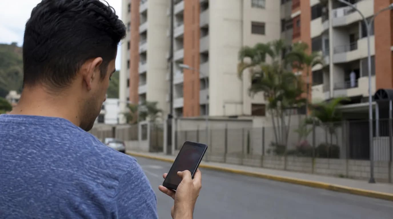 Person comparing the price per square meter of their apartment on a phone in front of residential buildings in Caracas