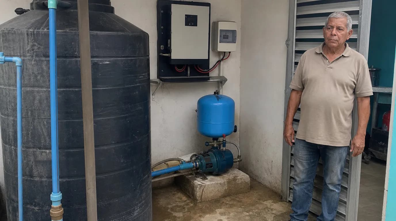 Water tank, hydropneumatic pump, and power inverter installed in the service area of a Venezuelan home