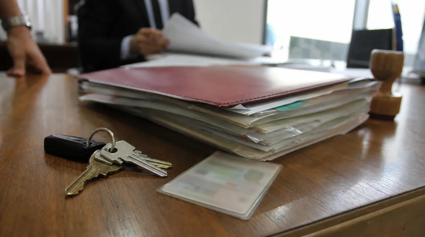A folder of property documents, an ID card, and keys on a desk in a Venezuelan notary office