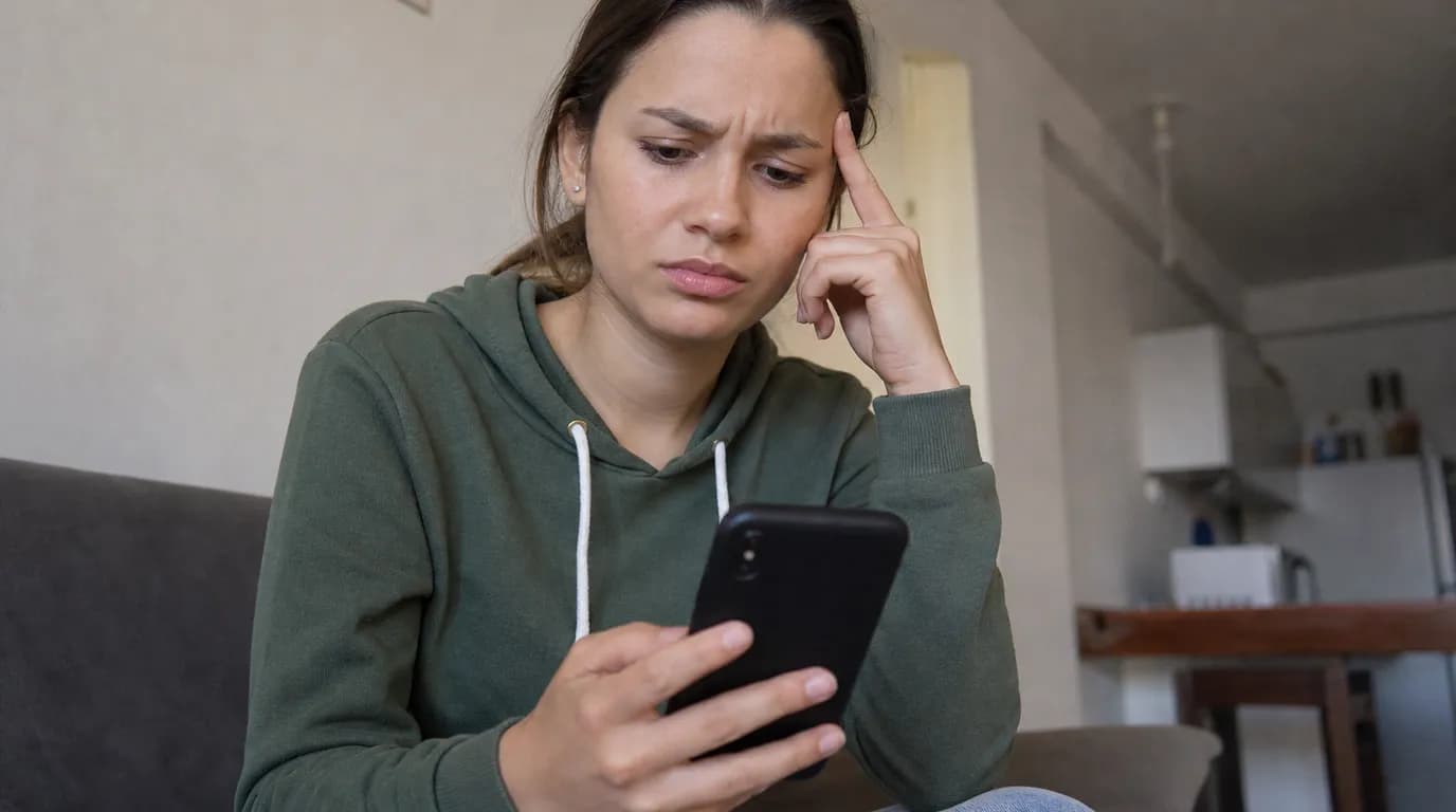 Person warily reviewing a suspicious rental listing on their phone, with warning signs