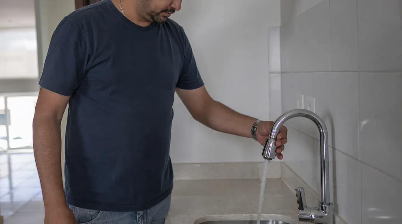 Tenant checking the water pressure and the fittings of an apartment in Caracas during a visit