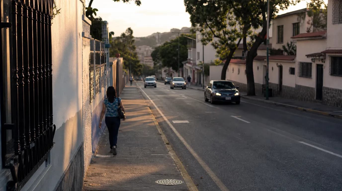 Wide avenue in a traditional Caracas neighborhood with villas and low-rise buildings in late-afternoon light