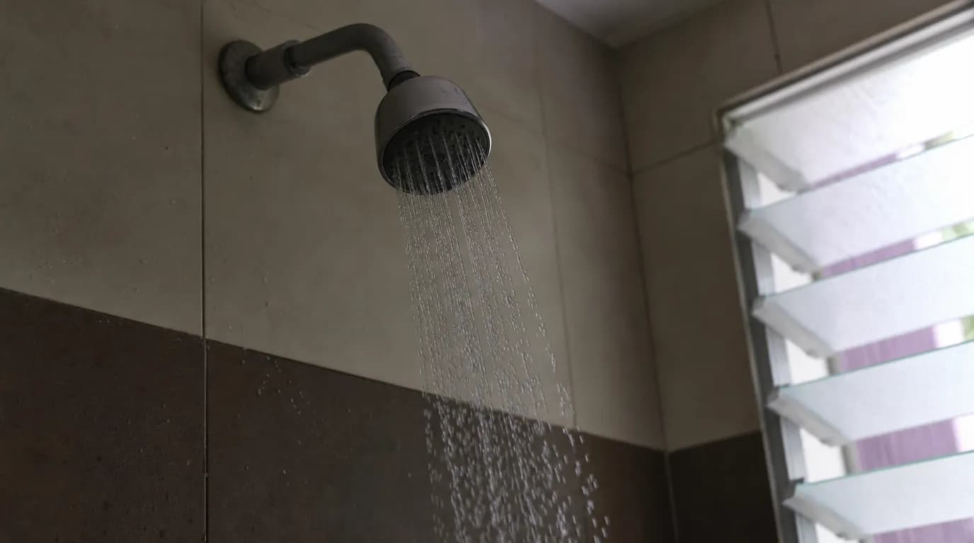 Regadera de un baño en planta alta con poca presión de agua, ilustrando el problema de empuje en el segundo piso