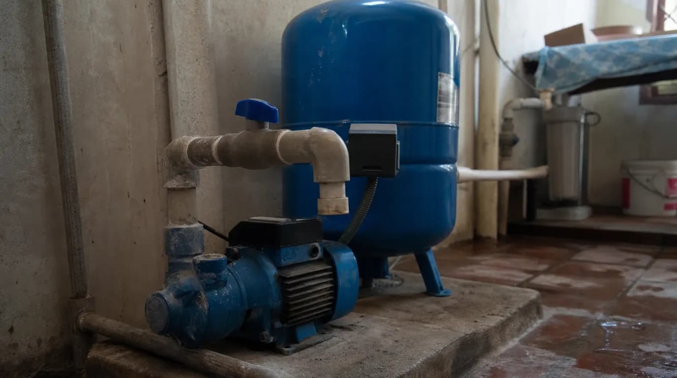 Bomba de agua y tanque hidroneumático instalados en el cuarto de máquinas de una casa venezolana, listos para mantenimiento