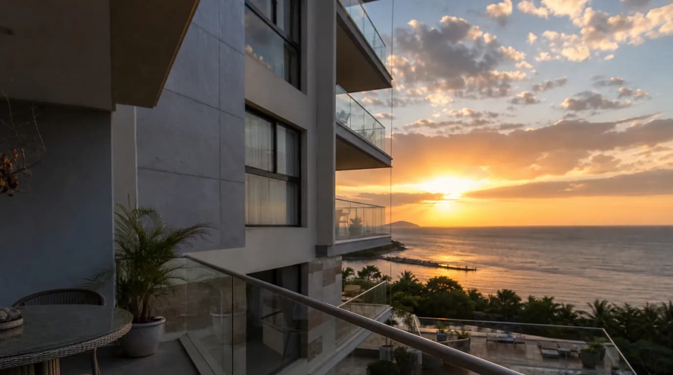 Apartamentos modernos frente al mar Caribe en la costa venezolana bajo luz cálida de atardecer
