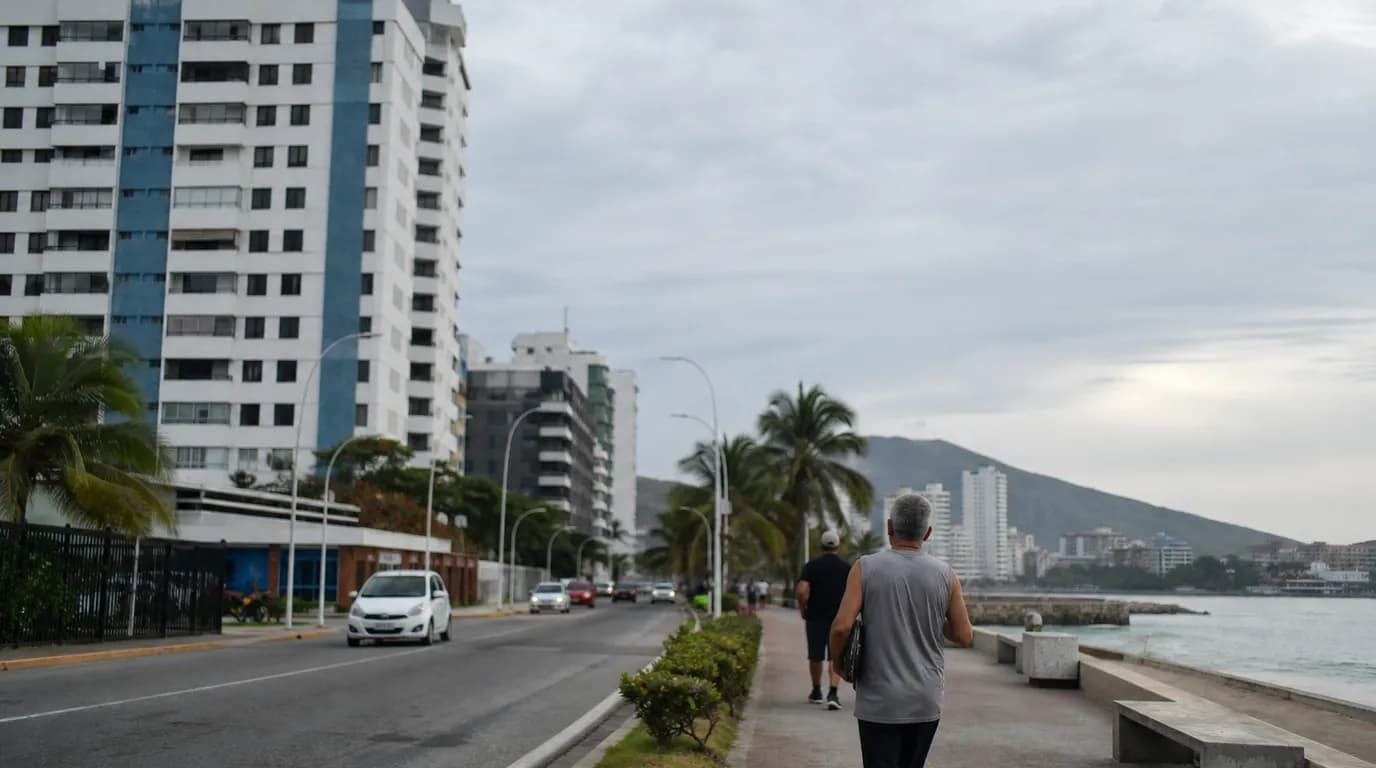 Edificios residenciales modernos junto al malecón de una costa venezolana con palmeras y mar al fondo