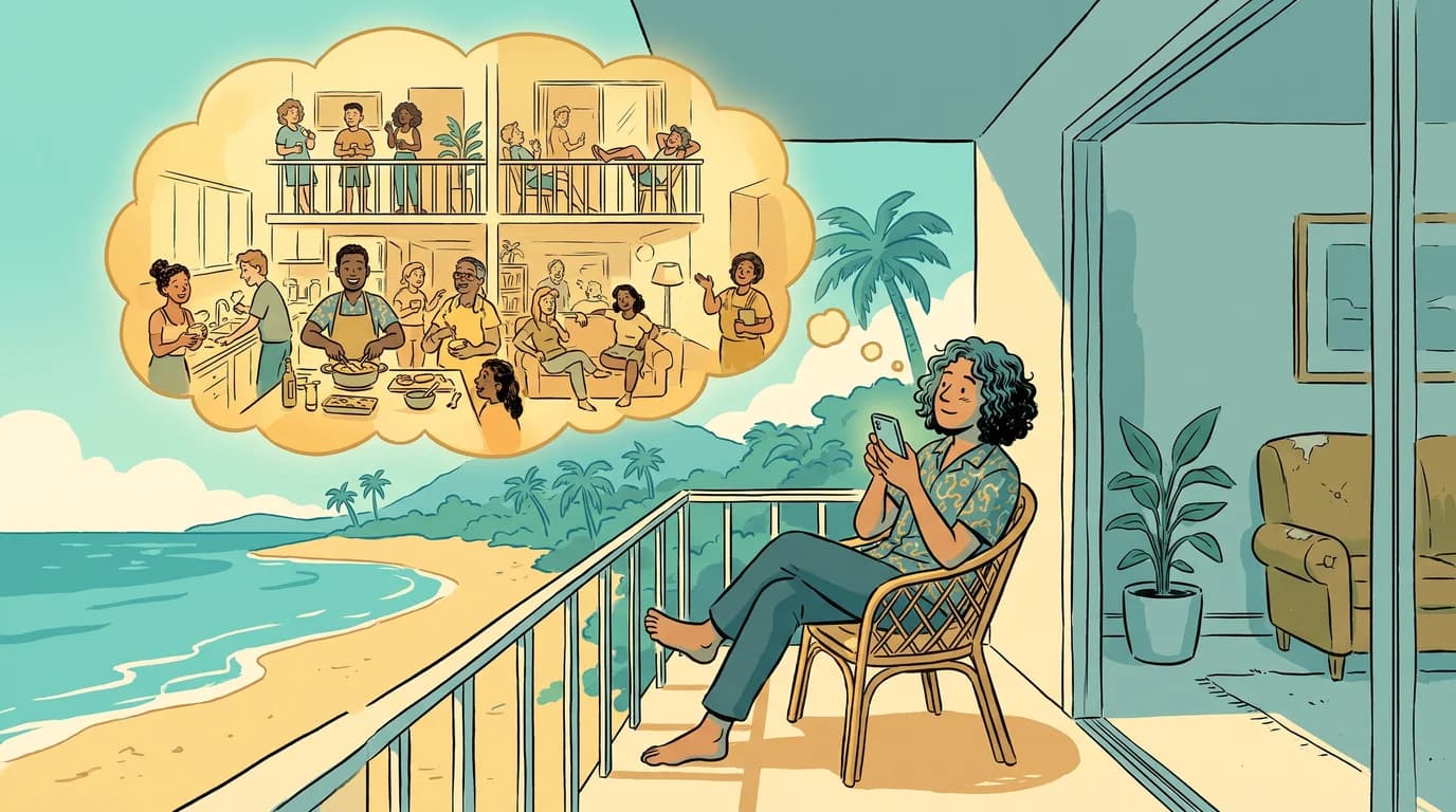 Persona revisando números de inversión inmobiliaria en un teléfono frente a edificios costeros venezolanos