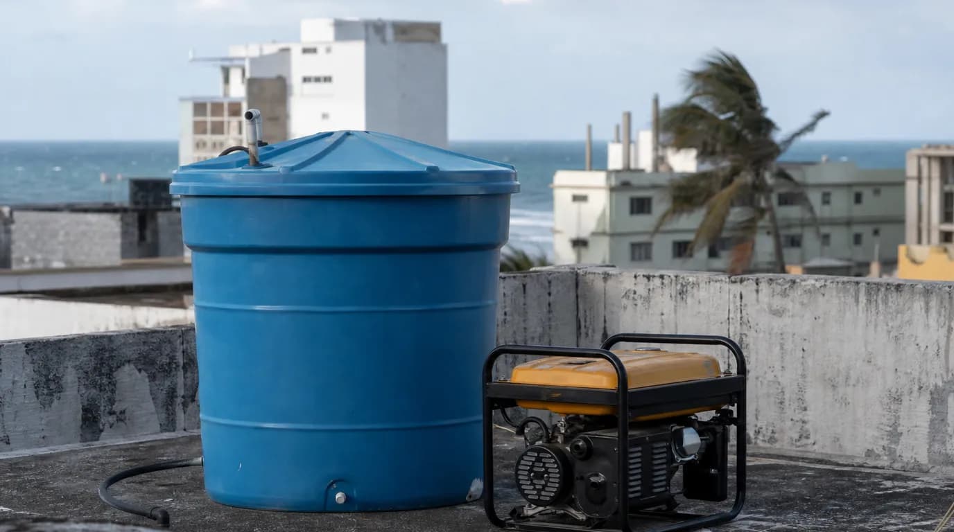 Tanque de agua y planta eléctrica en la azotea de un edificio costero venezolano bajo el sol del Caribe