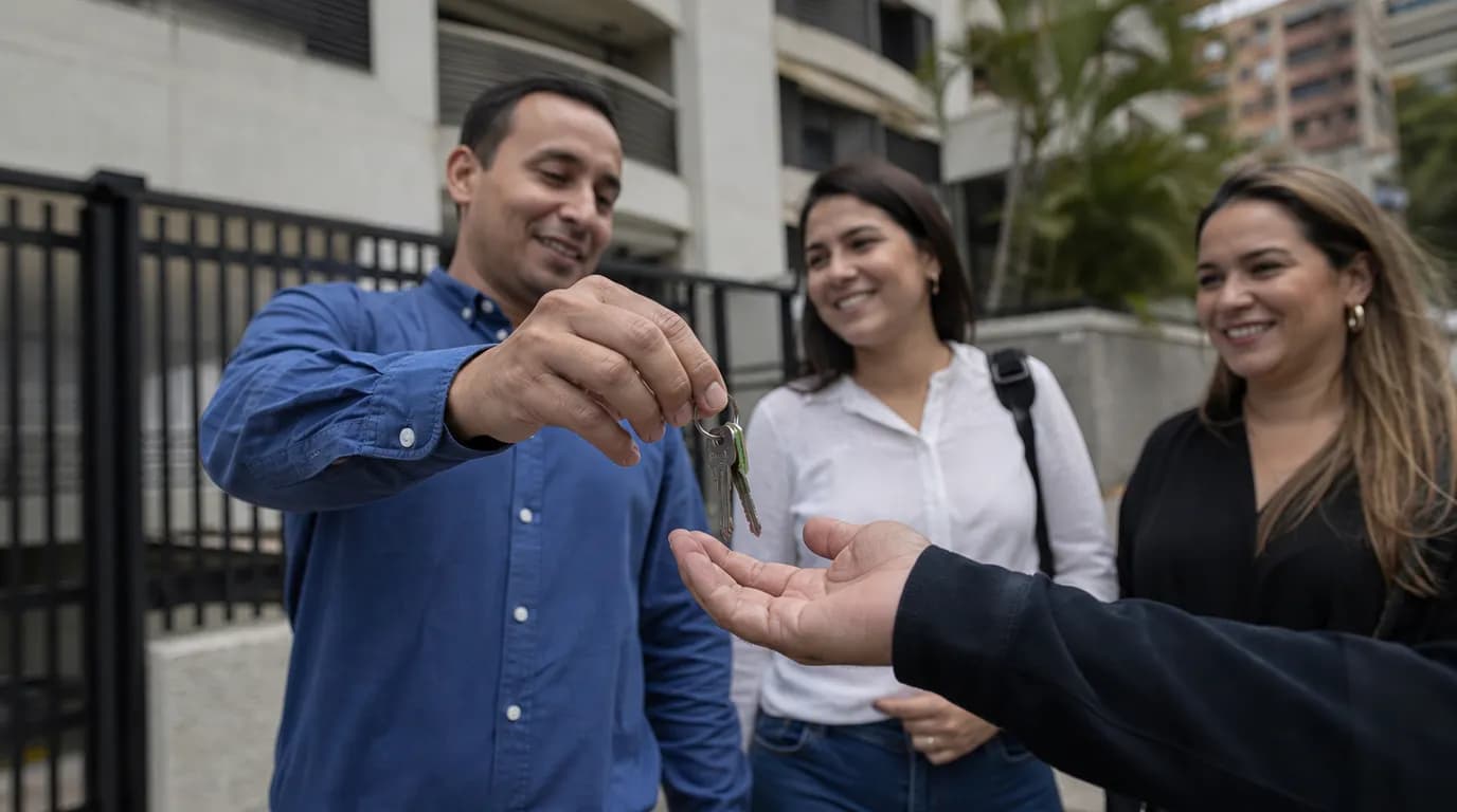 Llaves de una vivienda pasando de una mano a otra frente a un edificio residencial moderno de Caracas