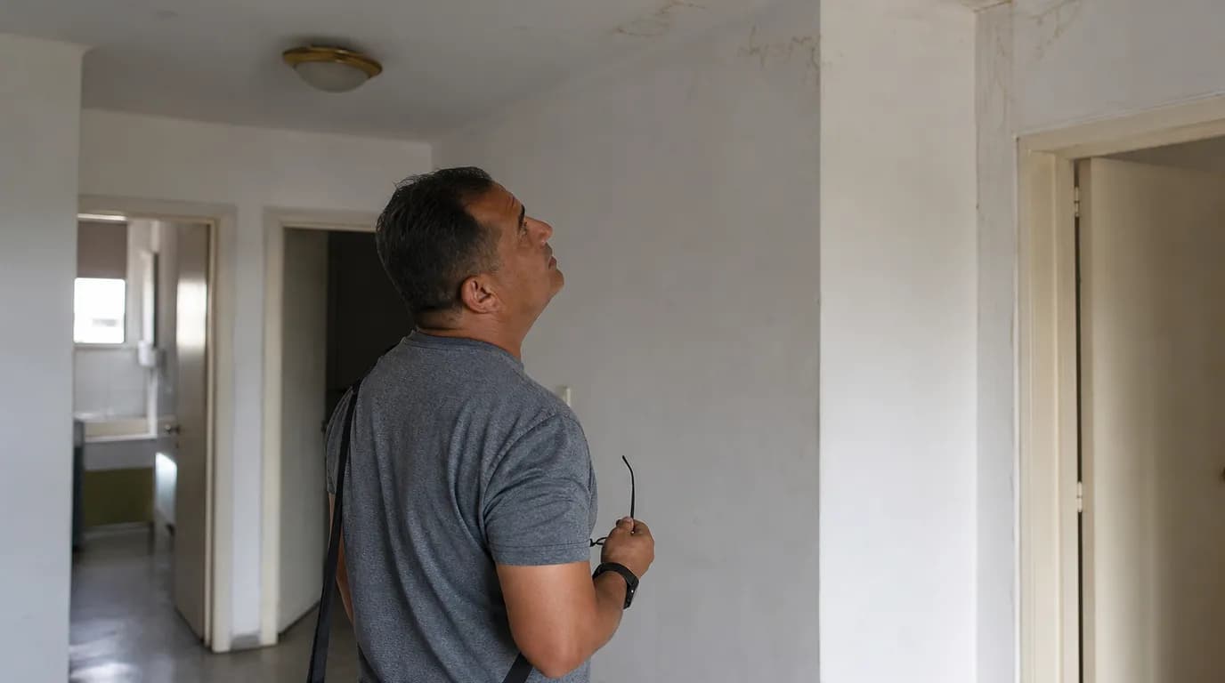 Comprador revisando con atención el techo y las paredes de un apartamento durante una visita, buscando filtraciones