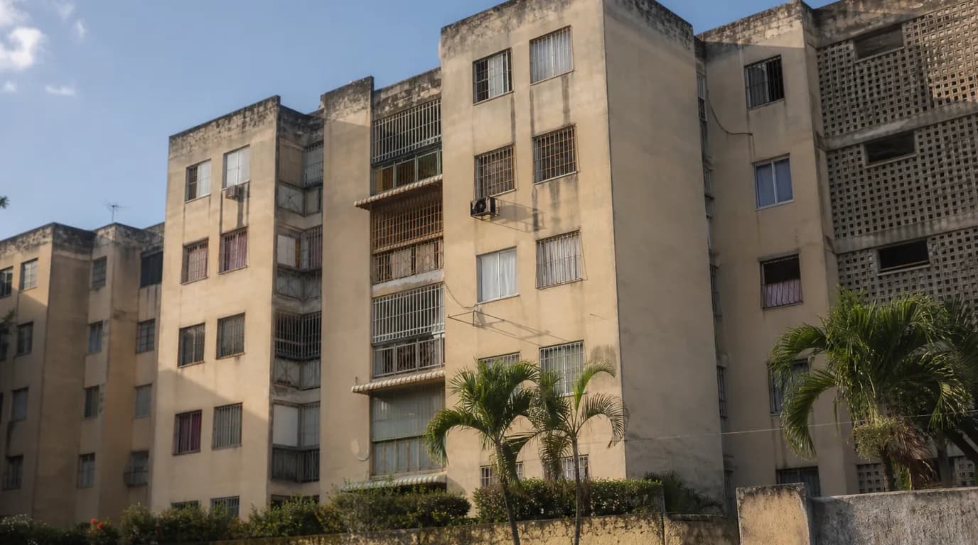 Fachada de un edificio residencial de apartamentos en un barrio de Caracas bajo luz cálida de tarde