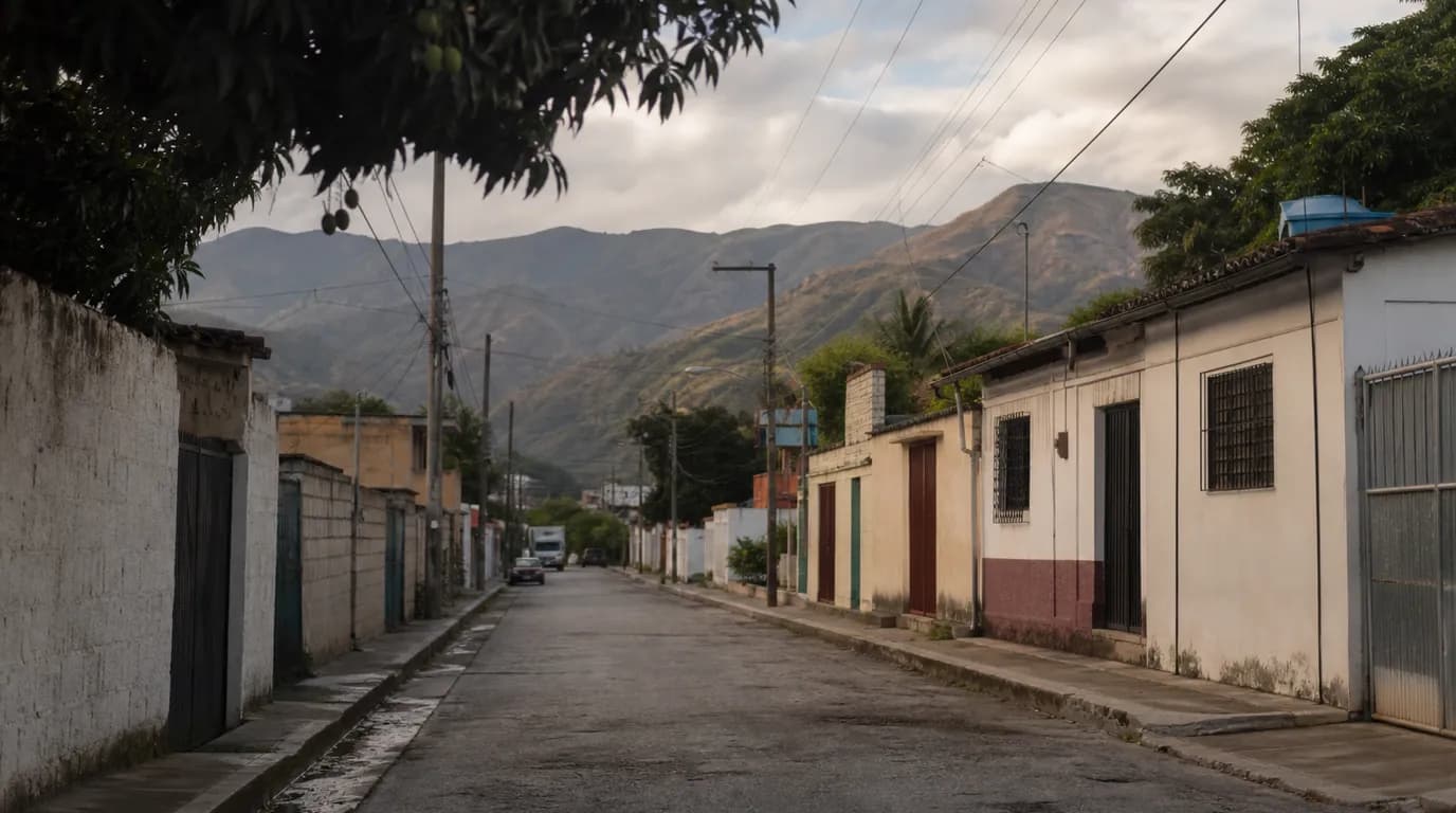 Calle tranquila de una ciudad del interior de Venezuela con casas bajas y montañas al fondo bajo luz cálida