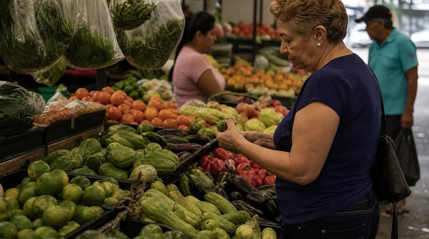 Puesto de mercado venezolano con frutas y verduras frescas y una persona comprando, bajo luz natural cálida