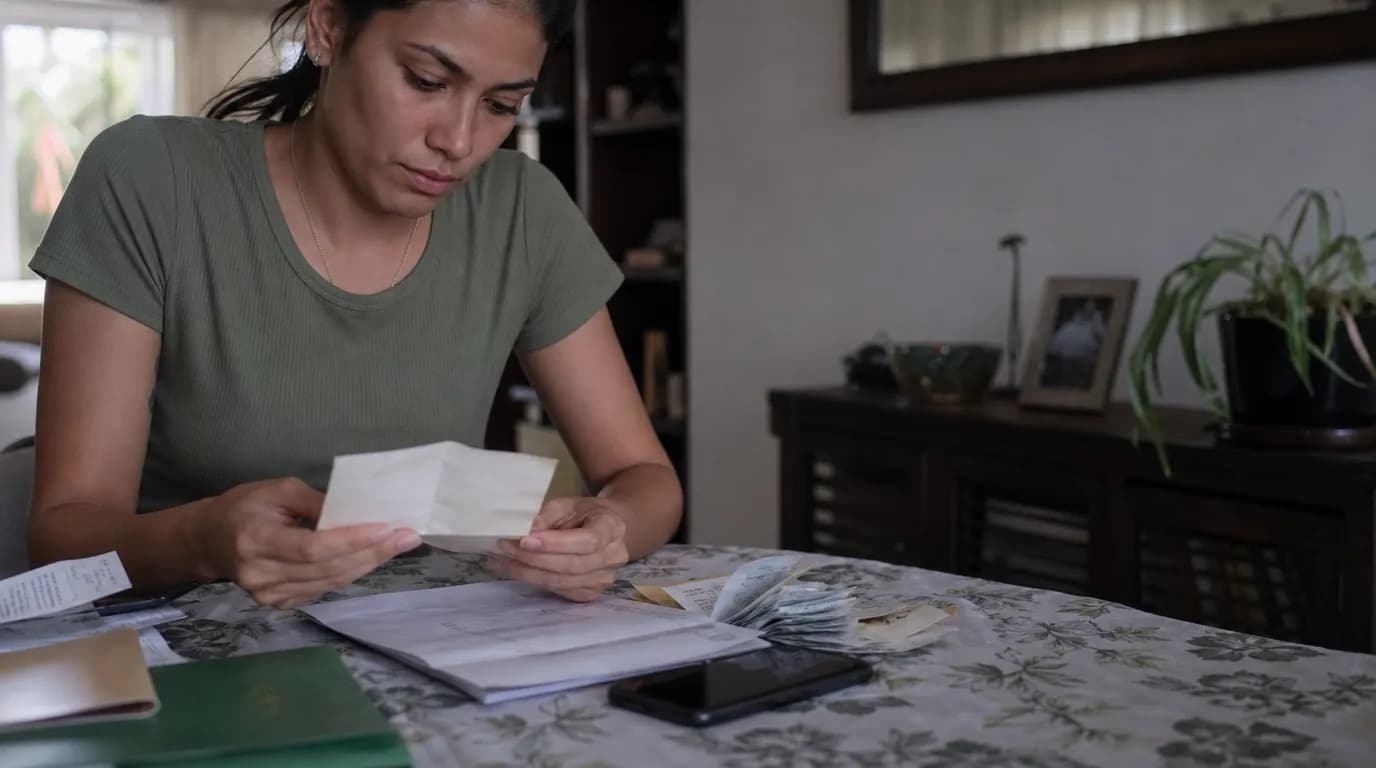 Persona organizando recibos de pago y documentos de alquiler junto a un teléfono sobre una mesa en Venezuela