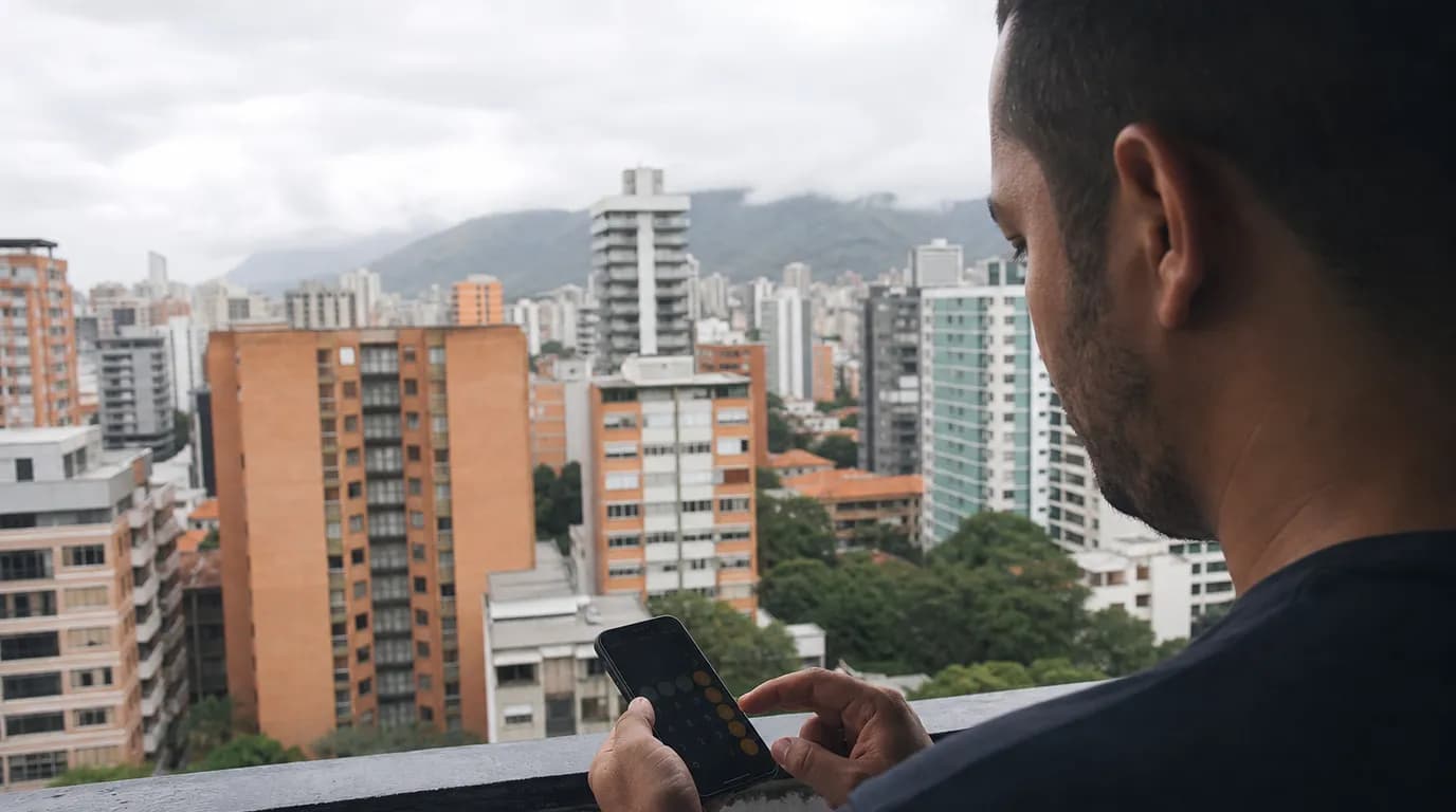Person calculating the price per square meter of an apartment on a phone screen in front of Caracas buildings