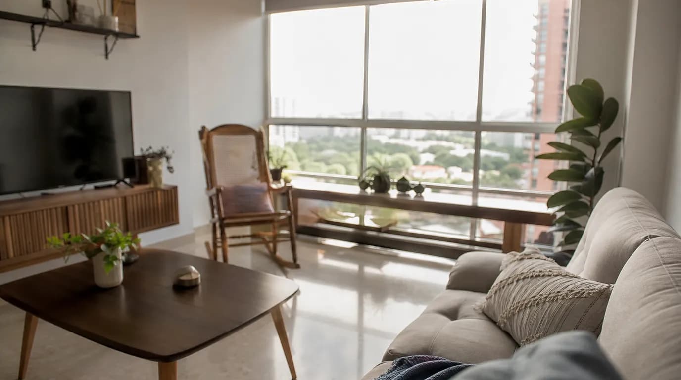 Bright living room of a well-kept Venezuelan apartment, with a large window and simple furnishings