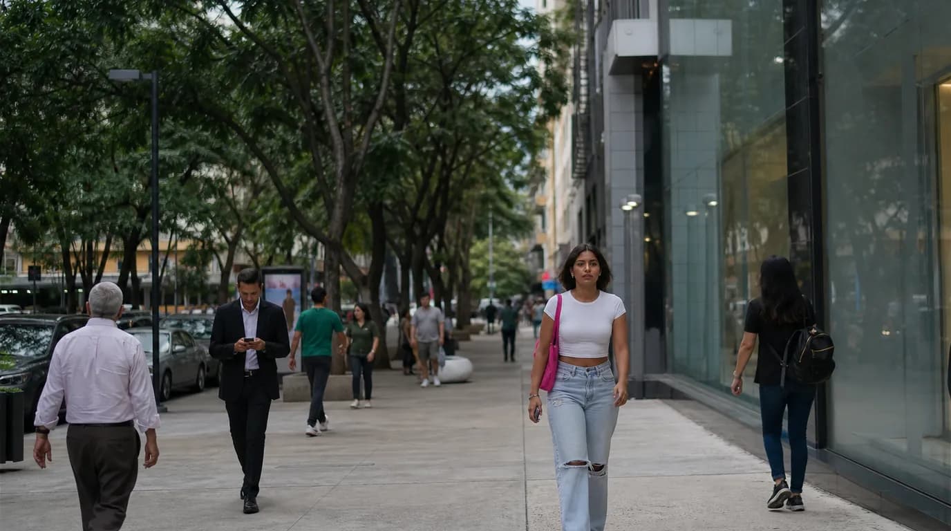 Tree-lined boulevard in eastern Caracas with modern glass façades, high-end shops, and newer buildings