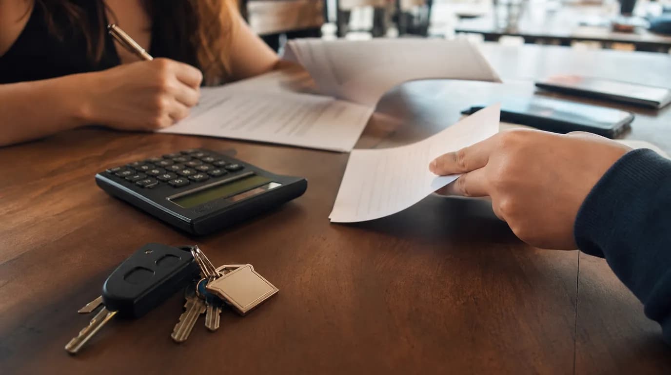 Closing table with sale-purchase documents, a calculator, and a set of keys under warm light
