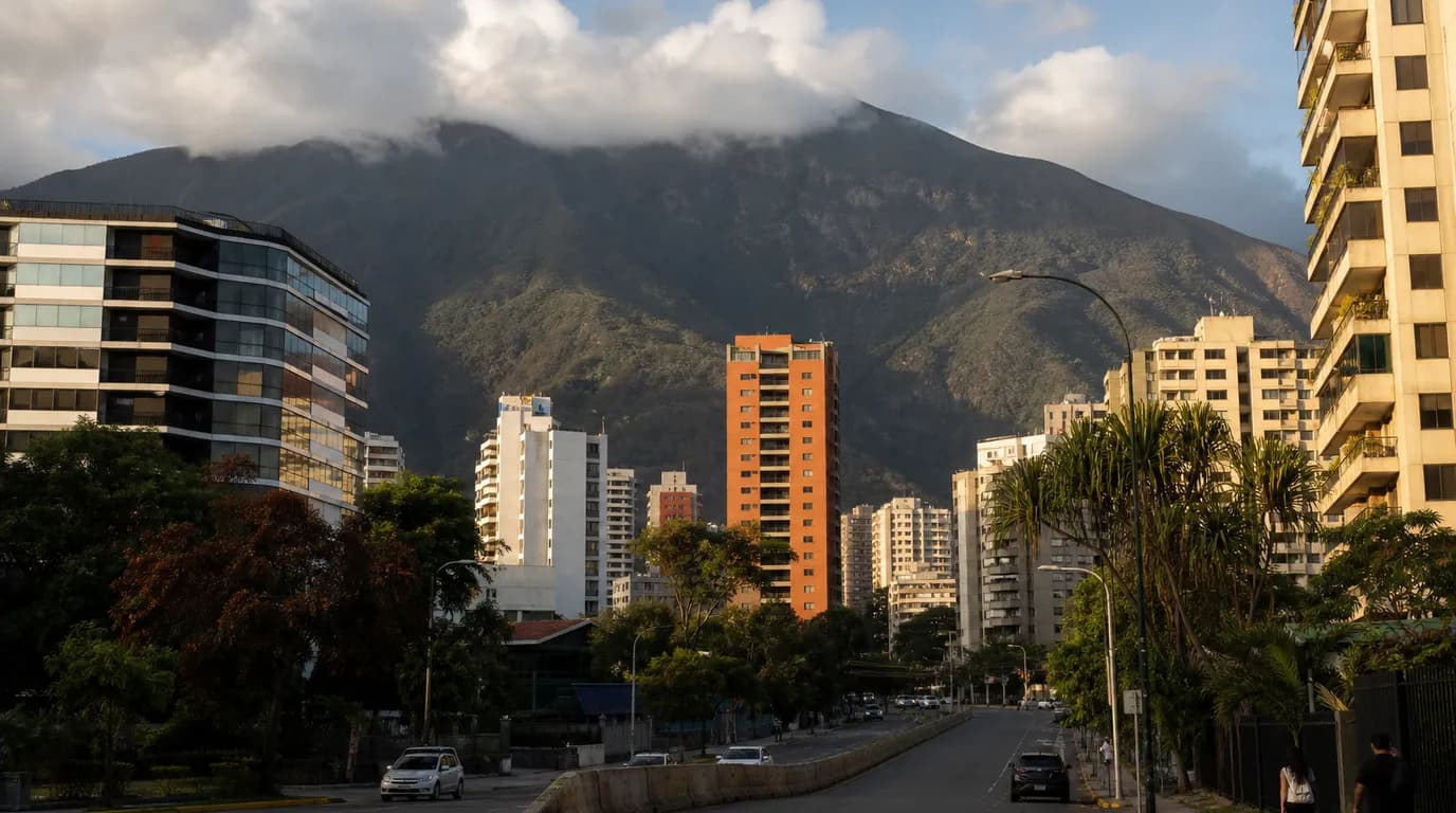 Avenida de Caracas con edificios residenciales modernos y El Ávila al fondo bajo luz cálida de tarde
