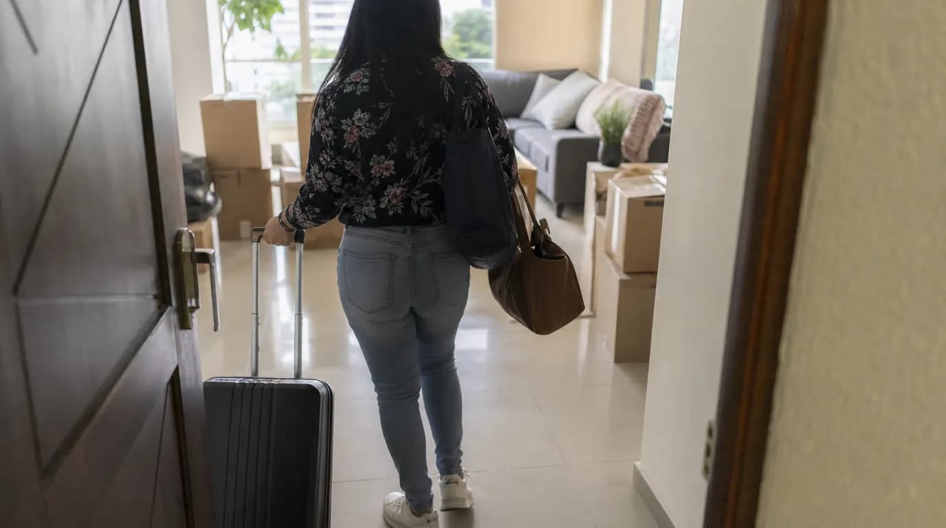 Persona con maletas entrando a un apartamento venezolano luminoso, recién llegada, con cajas por desempacar