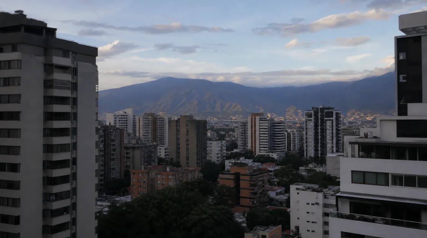 Skyline of a Venezuelan city with modern apartment towers under warm light