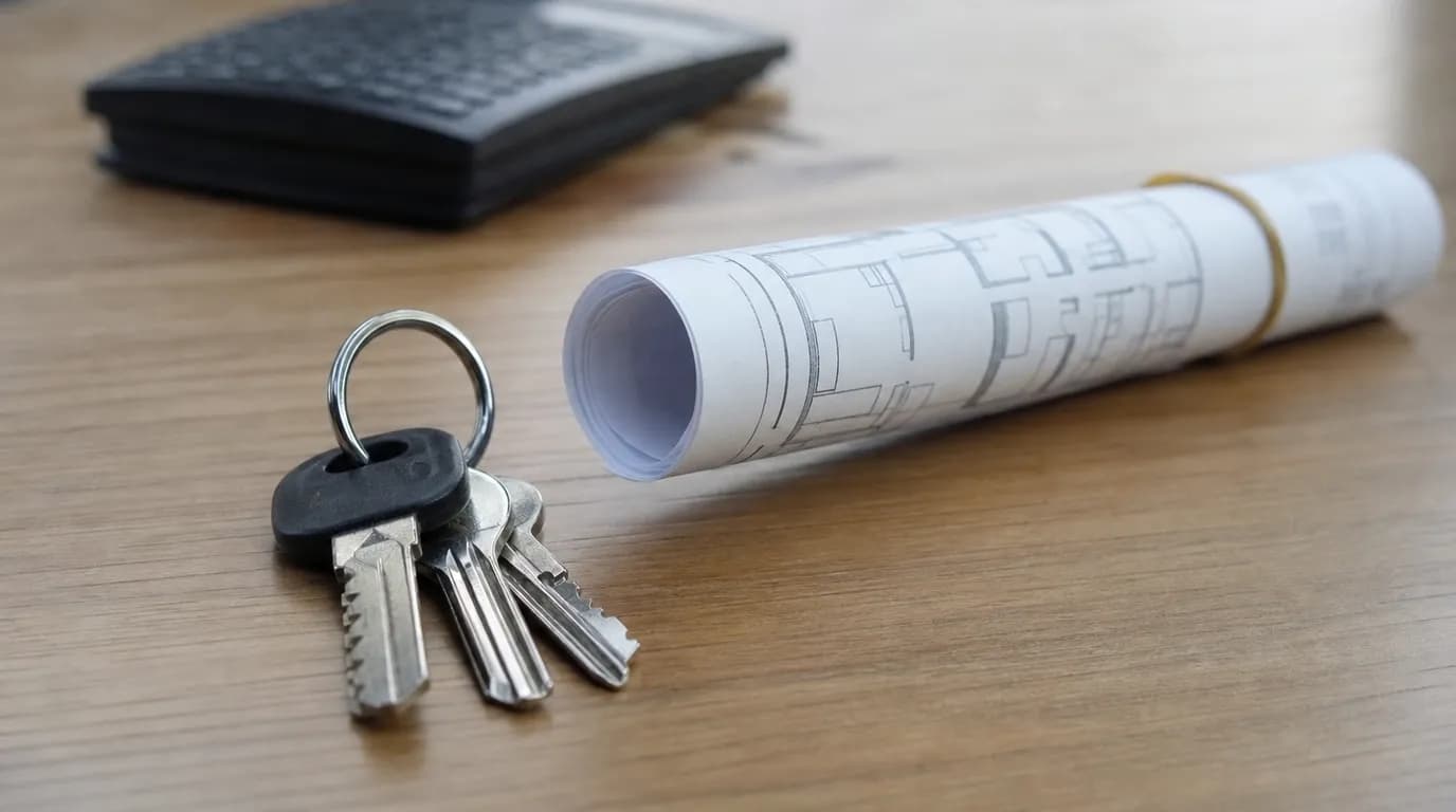 A calculator, keys, and apartment floor plans on a desk, evoking the calculation of net return