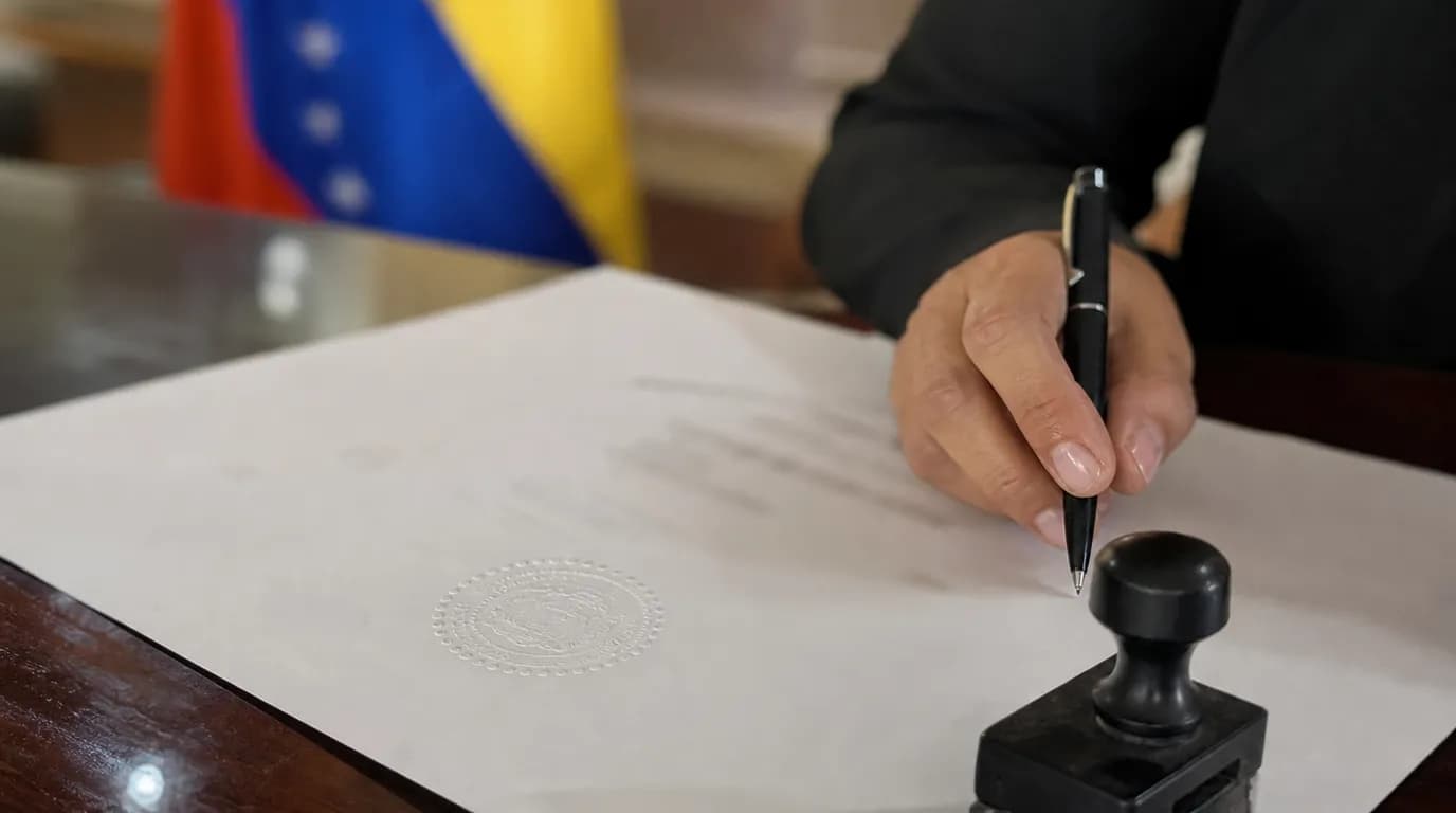 Sello en relieve sobre un documento legal en el escritorio de una notaría, con un sello de notario de latón al lado